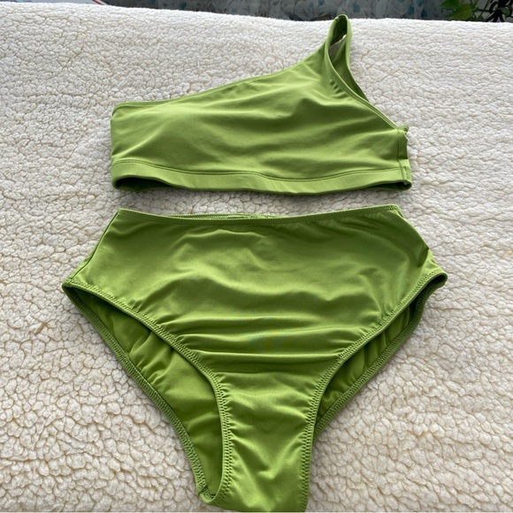 PINK Victoria's Secret Lime Green Bikini One Shoulder High Waisted Size M - Picture 2 of 8